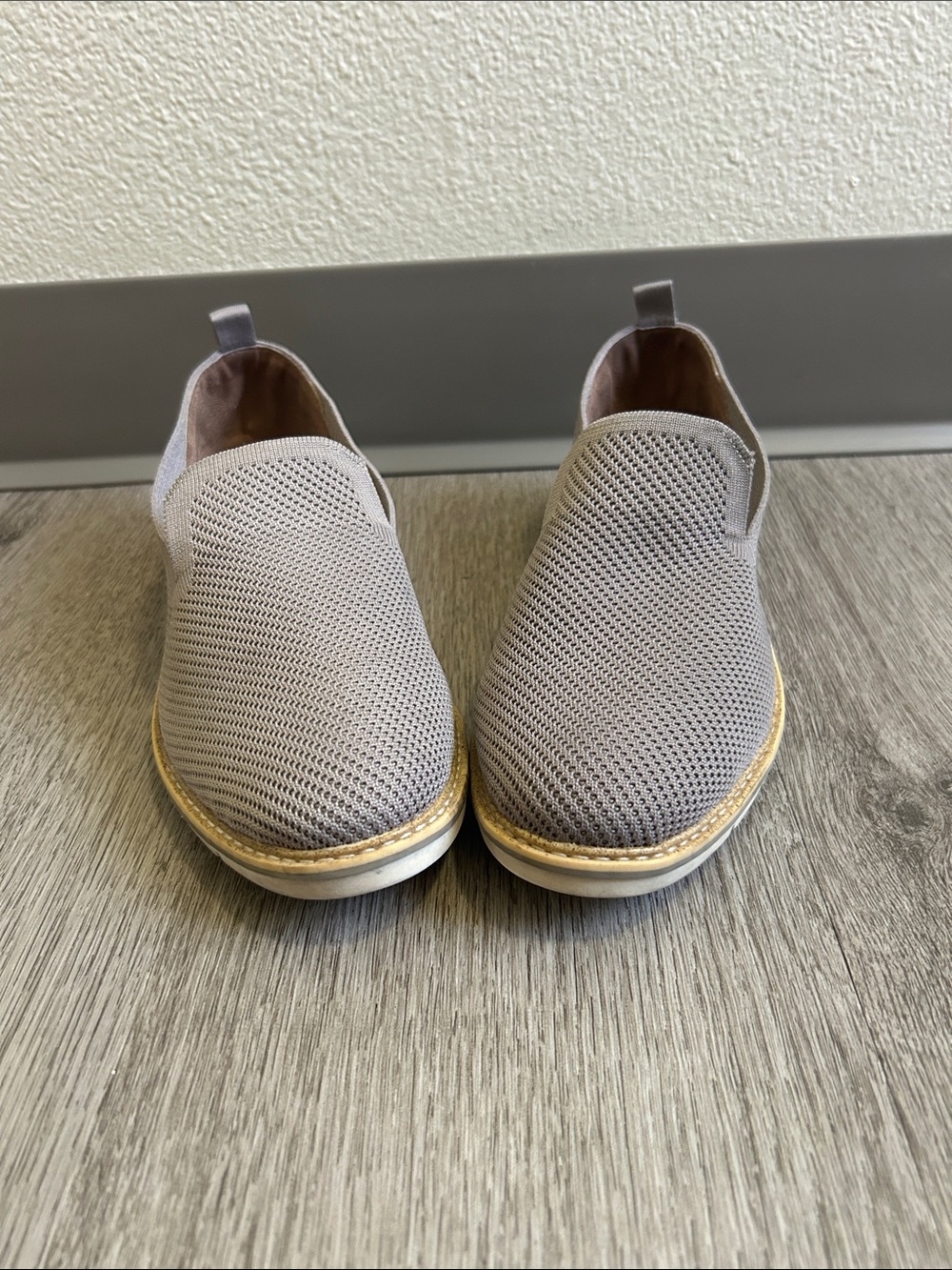 Adam Tucker Women’s  Slip-On Knit Loafers in Light Gray with Gold Trim